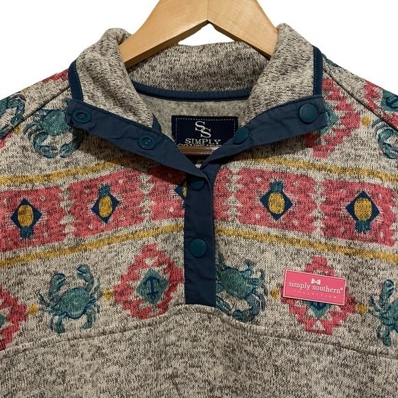Simply Southern Women's Grey Pullover Crab Anchor Fleece Pullover 1/4 Snap - Picture 3 of 9